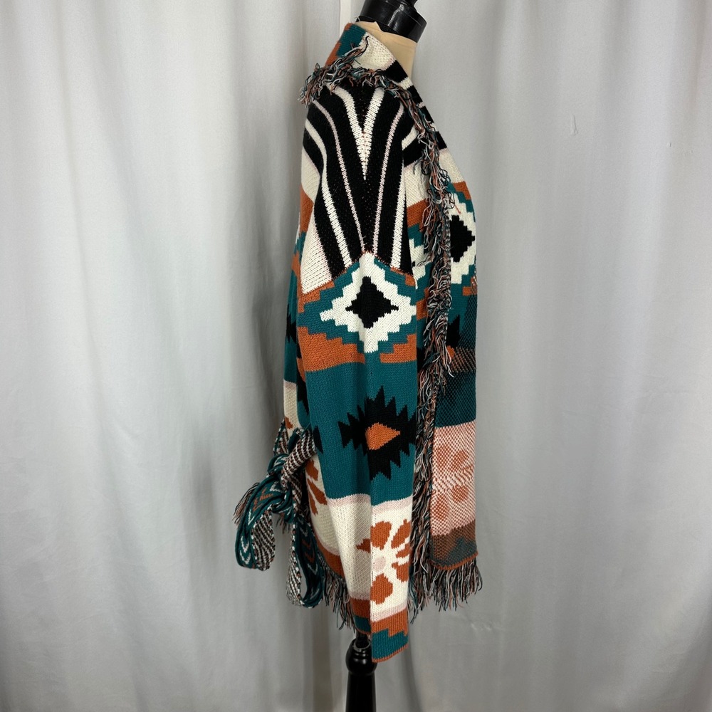 Wonderly Southwestern Aztec Fringe Belted Cardigan Sweater Teal Rust 1X - Picture 6 of 9